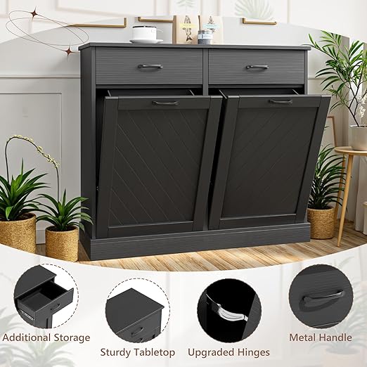 Double Tilt-Out Trash Can Cabinet, 2x13 Gallons Hidden Garbage, Hidden Kitchen Trash Cabinet with Storage Drawer, Pet-Proof Wooden Garbage & Recycling Cabinet for Kitchen, Laundry & Living Room, Black