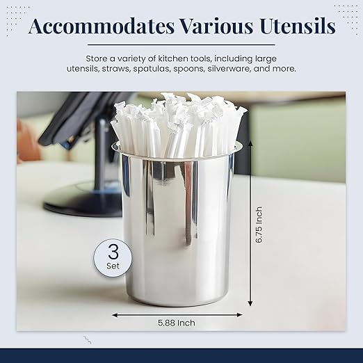 OCS Parts 6.75-Inch Kitchen Utensil Holders | Set of 3 | Stainless Steel Dishwasher Safe Kitchen Countertop Organizers