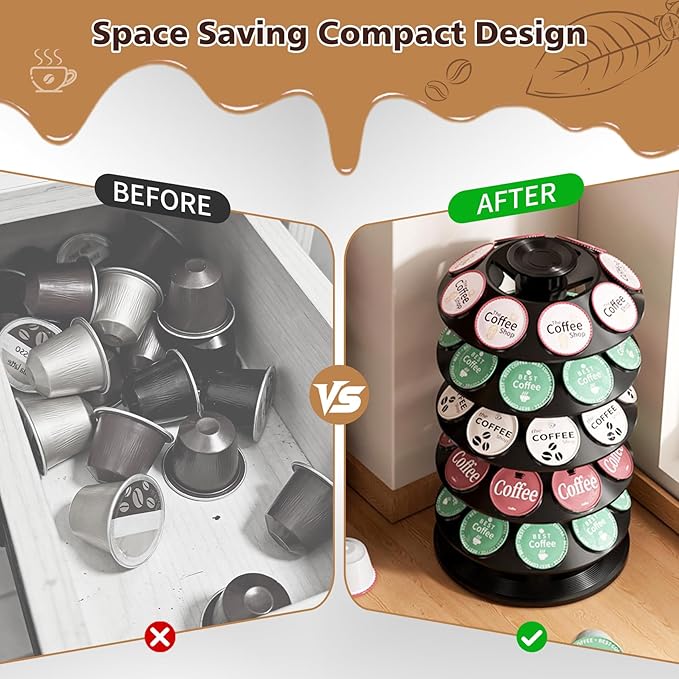 K Cup Holder, Coffee Pod Carousel Holder for 40 Keurig Pods, Also Fits Dolce Gusto Capsules, 360° Rotatable Coffee Pod Storage Organizer, New Modern Design for Home Office Counter