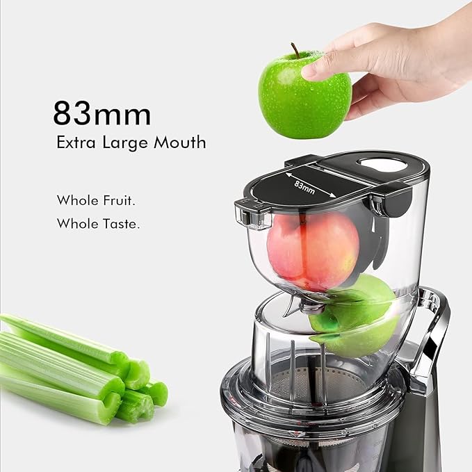 SIFENE Cold Press Juicer Machine,4.3 Inch(110mm) Wide Mouth Juice Extractor for Whole Fruits&Vegetables,BPA-Free,Easy to Clean,Quiet Masticating Juicer,Safety Lock,Dishwasher Safe,800ml Capacity(Grey)
