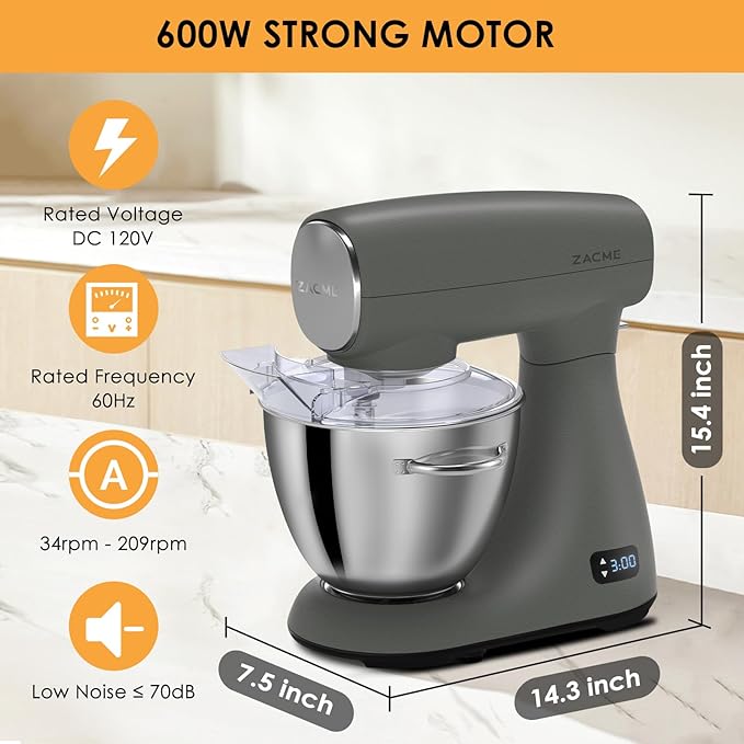 Mixers Kitchen Electric Stand Mixer 5.5QT 600W, Aluminum die casting and Gears, Dual Cooling System, Low Noise, DC Motor, LED Display and Timing Function, Tilt-head Metal Food Mixer, Grey