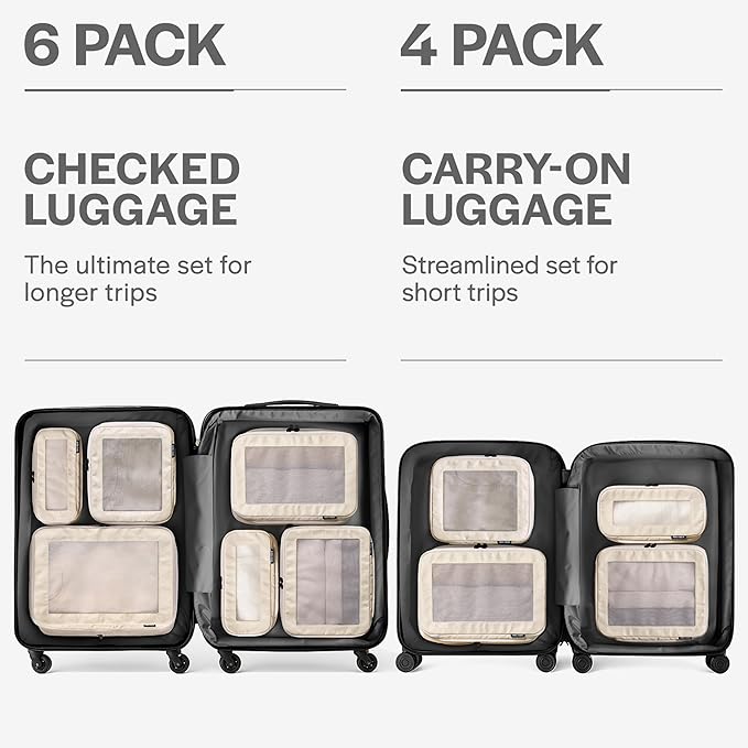 Aerotrunk Compression Packing Cubes for Travel - Luggage Organizer Bags - Double Zipper Packing Cubes for Suitcases (6-Pack, Beige)