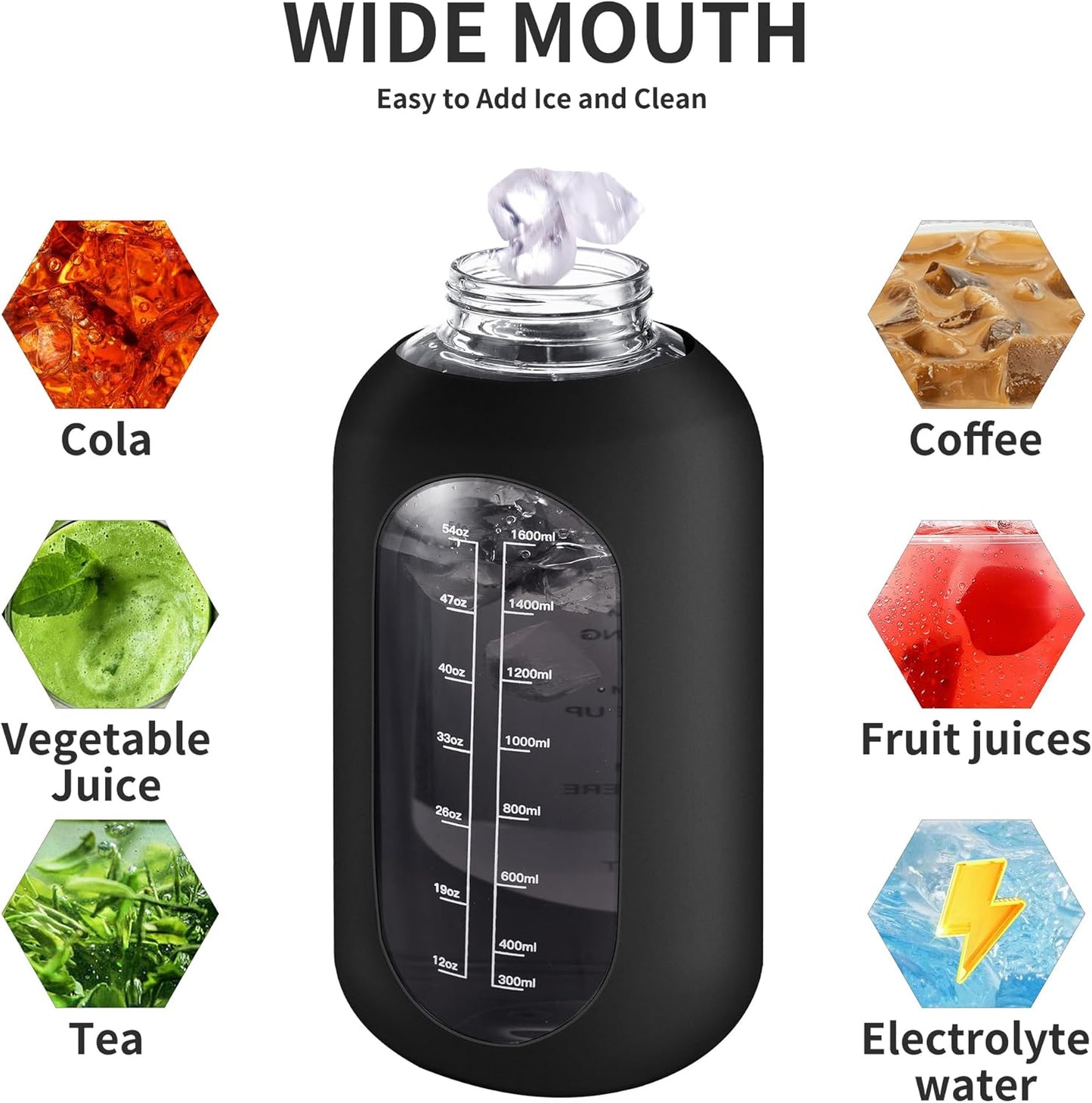 CIVAGO 64 oz Glass Water Bottle Jug with Straw and Handle, Half Gallon Sports Motivational Water Bottle with Time Marker, Wide Mouth Water Flask Canteen with Silicone Sleeve for Gym,Camelia