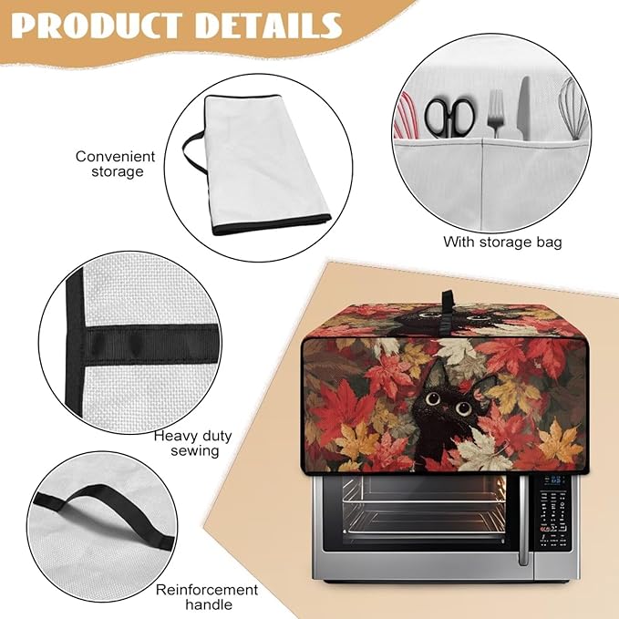 Air Fryer Toaster Oven Dust Cover Dust Protection Countertop Convection Oven Cover Stain-resistant Kitchen Appliance Protector, S, Black Cat Maple Leaf Fall Decor