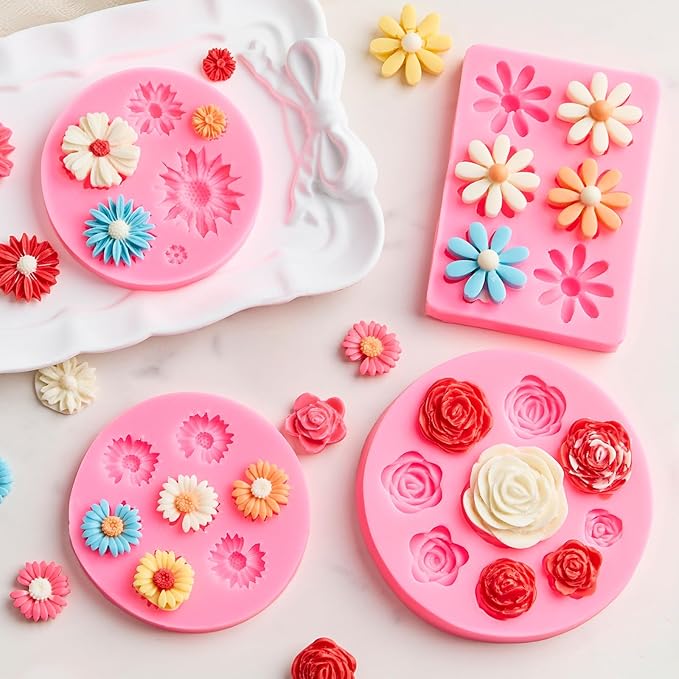 Puyeipt 4 Pcs Flower Silicone Fondant Molds, Daisy Rose Flower Chocolate Candy Molds for Cupcake Topper, Cake Pop Decoration and Clay Craft Making