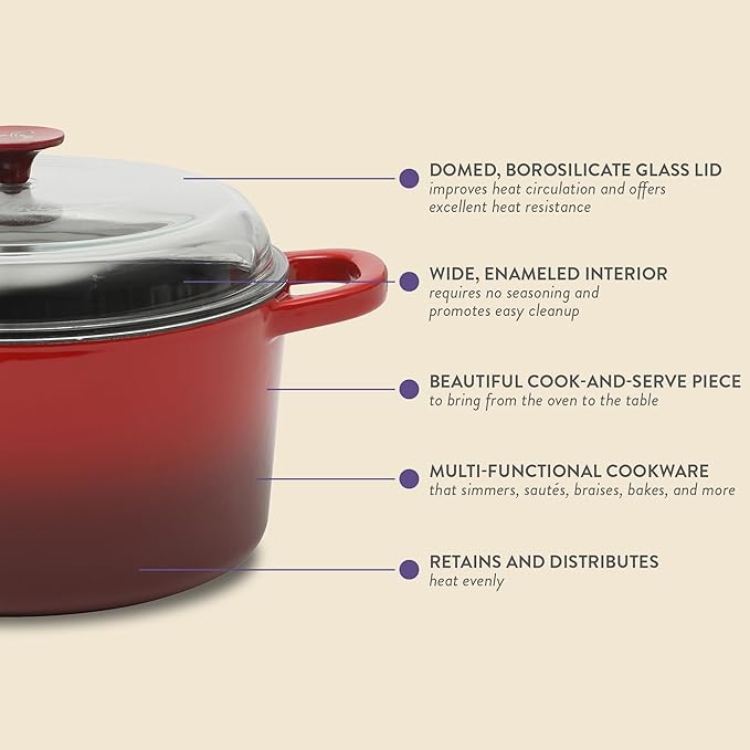 Crock Pot Artisan 7-Quart Round Enameled Cast Iron Dutch Oven With Oven Safe Borosilicate Glass Lid, Heavy-Duty Cookware for Baking, Roasting & Slow Cooking, Red
