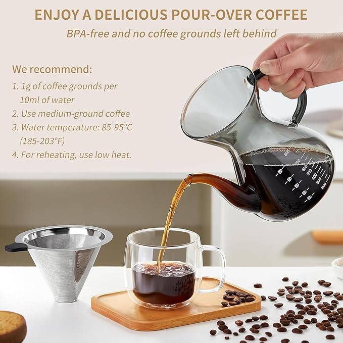 Unbreakable - Pour Over Coffee Maker with Double Stainless Filter 27 fl oz, Thickened Heat-Resistant Borosilicate Glass Pour Over Coffee Dripper, Stovetop Safe