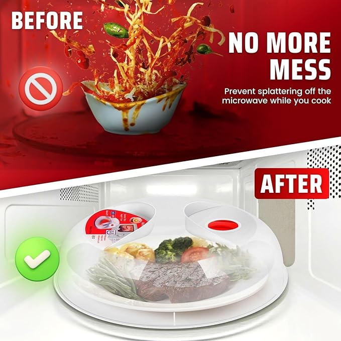 Flexzion 10 Inch Small Microwave Splatter Cover - BPA-Free Anti-Splatter Microwave Cover with Adjustable Steam Vent, Dishwasher Safe, Transparent Plastic Food Covers for Microwave Cooking