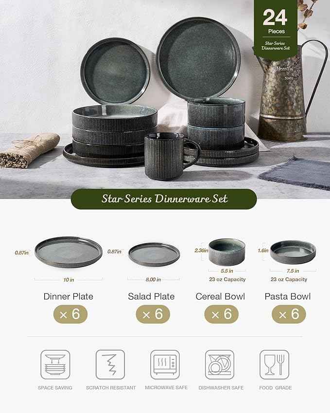 Famiware Star Stoneware Dinnerware Sets for 6 (24pcs), Chip and Scratch Resistant, Microwave & Dishwasher Safe Complete Dishes, Pasta Bowl, Cereal Bowl, Dinner Plate, Salad Plate, Ribbed, Deep Forest