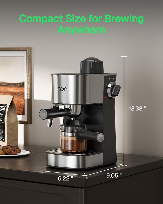 HBN Espresso Machine, 3.5Bar Cappuccino & Latte Maker, 2-4 Cup Stainless Steel Coffee Machine with Milk Frother, 800W Espresso Machine Maker with Steamer, Compact Coffee Maker for Home and Office