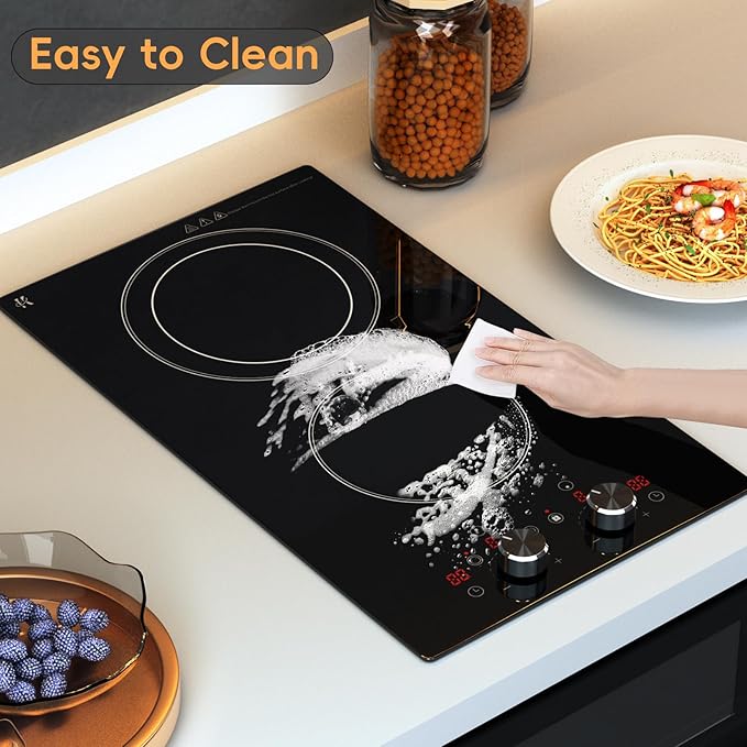2 Burner Electric Cooktop 120V, 1800W Radiant Electric Stove Top with Countertop & Built-in Design, 12 inch Knob Control Ceramic Cooktop with Safety Lock, 9 Level Power, 99 Min Timer - Plug in
