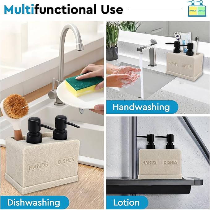 Hand and Dish Soap Dispenser Set for Kitchen Sink,Dual Soap Dispenser with Sponge Caddy and Brush Holder 4-in-1 Countertop Organizer for Kitchen Bathroom,Useful Kitchen Gadgets-Beige