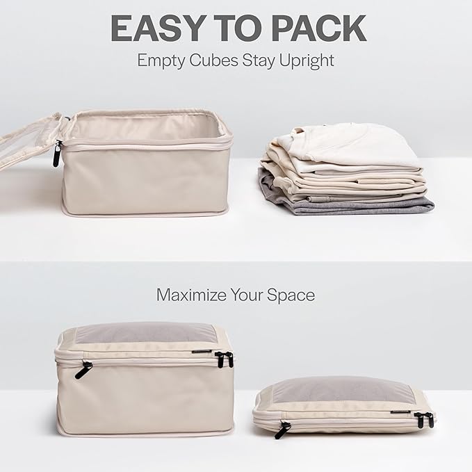 Aerotrunk Compression Packing Cubes for Travel - Luggage Organizer Bags - Double Zipper Packing Cubes for Suitcases (6-Pack, Beige)