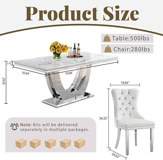Marble Dining Table Set for 6,70" White Faux Marble Kitchen Tables and Velvet Chairs for 6,7 Piece Luxury Dining Room Table Set and 6 Upholstered Chairs with Silver Stainless Steel Bases