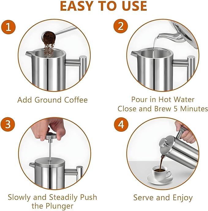 Large French Press Coffee Maker 50oz (1.5L), 304 Stainless Steel Double Wall Insulated Coffee Press for Camping, Backpacking, Party, Travel, Gift Set, Dishwasher Safe (Silver, 6-8 Cups)
