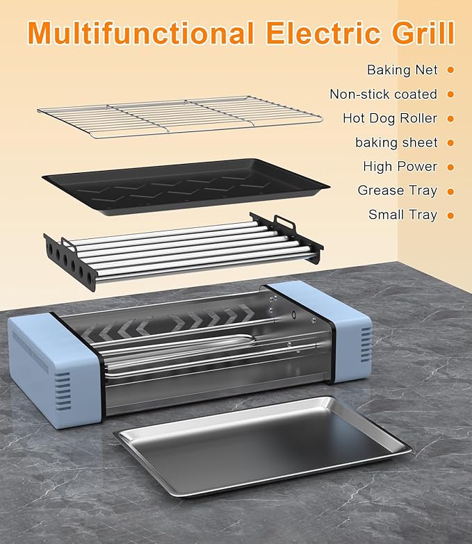 3-in-1 Electric Grill with Hot Dog Roller, Portable Indoor Outdoor BBQ Grill, Griddle and Sausage Roller Machine with Removable Non-Stick Plate & Drip Tray, for Tailgate, Camping, RV, Home Kitchen