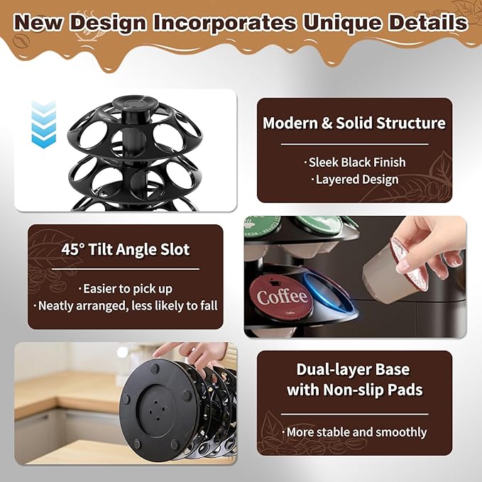 K Cup Holder, Coffee Pod Carousel Holder for 40 Keurig Pods, Also Fits Dolce Gusto Capsules, 360° Rotatable Coffee Pod Storage Organizer, New Modern Design for Home Office Counter