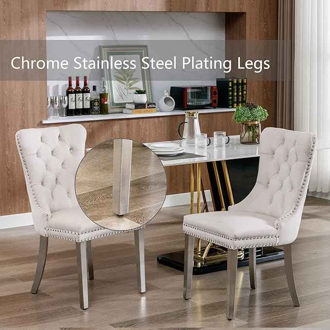 Velvet Dining Chairs Set of 2, Upholstered Dining Room Chairs with Back Ring Pull Trim and Sliver Stainless Steel Legs,Tufted Wingback Chair Perfect for Dining Room,Living Room,Kitchen(Beige)