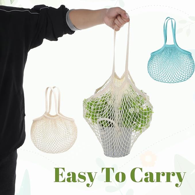 Thinp 2 Pcs Cotton Mesh Produce Bags, Reusable Mesh Grocery Bag with Long Handle Net Tote Cotton String Shopping Bag for Fruit Vegetables Market Shopping