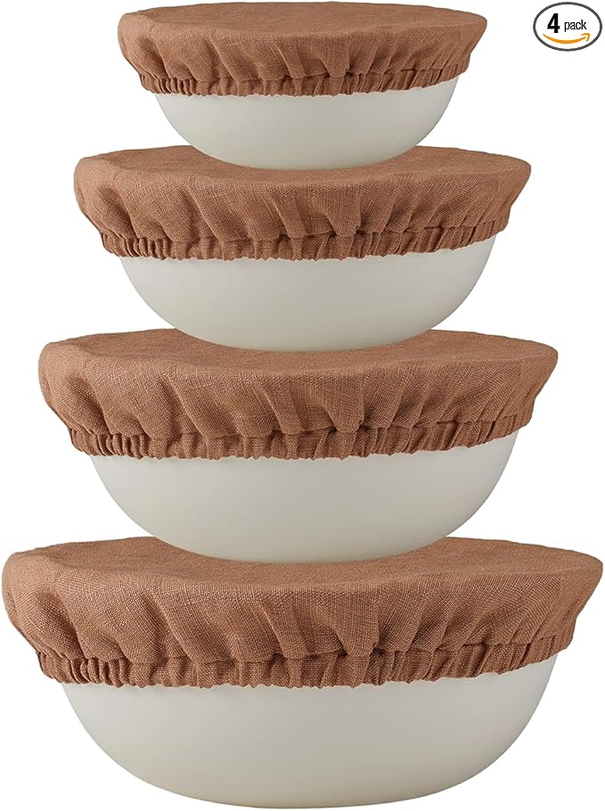 100% Pure Linen Bowl Covers For Bread Proofing, 4 Pcs Elastic Reusable Solid Color Cloth Fabric Bowl Covers,XL Organic Washable Large Stretch Sourdough Lids 6 * 8 * 10 * 12 Inches, Brown