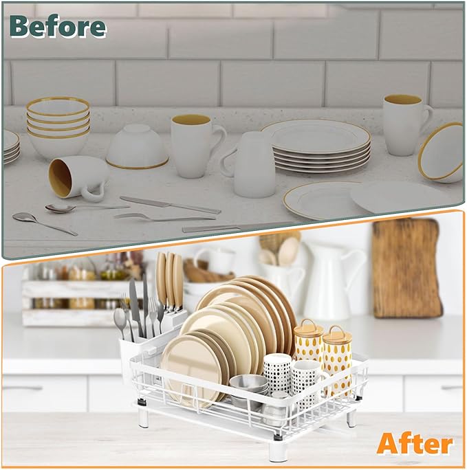 AIDERLY Iron Dish Drying Rack with Drainboard Dish Drainers for Kitchen Counter Extendable Spout Strainers with Utensil Holder and Knife Slots, White