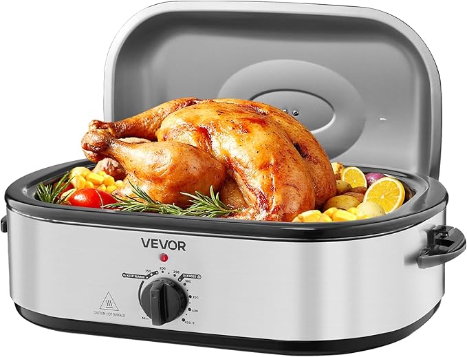 VEVOR Roaster Oven, 18QT Electric Roaster Oven, 150-450℉ Adjustable Temperature Electric Roasting Pan with Self-Basting Lid, Cool-Touch Handle, Defrost & Warm Function, Stainless Steel Turkey Ovens