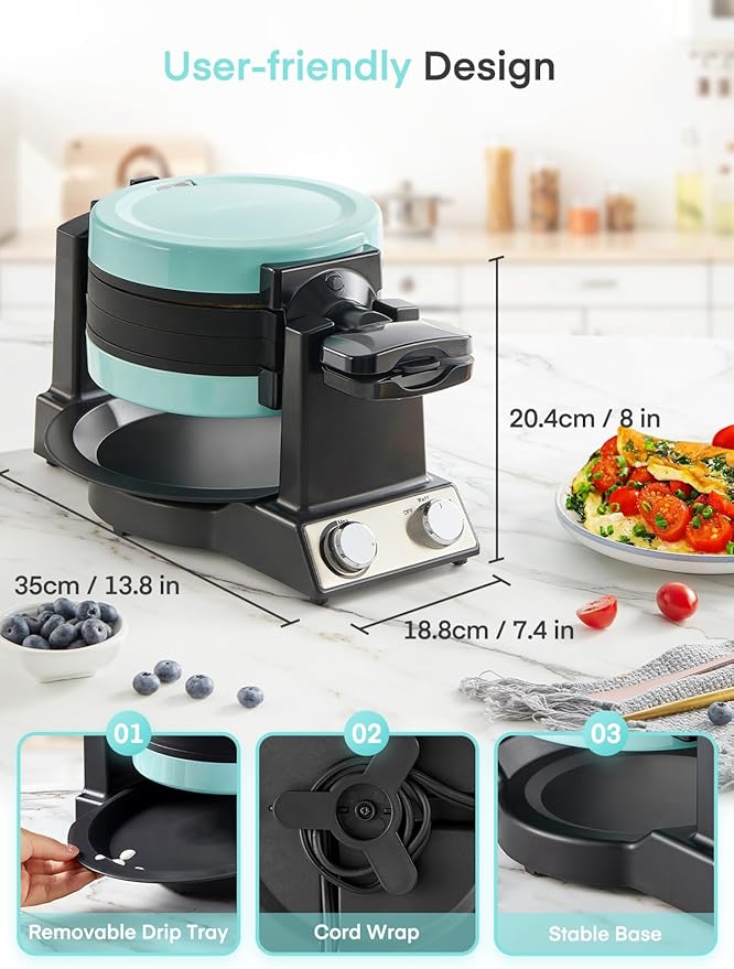 FOHERE 2-in-1 Omelette Maker&Waffle Maker, 1400W Omelet Maker 180° Flip, Adjustable Browning Control, Non-Removable & Nonstick Pans, Make Two Omelet and One Waffle at Once for Home (Mint Green)