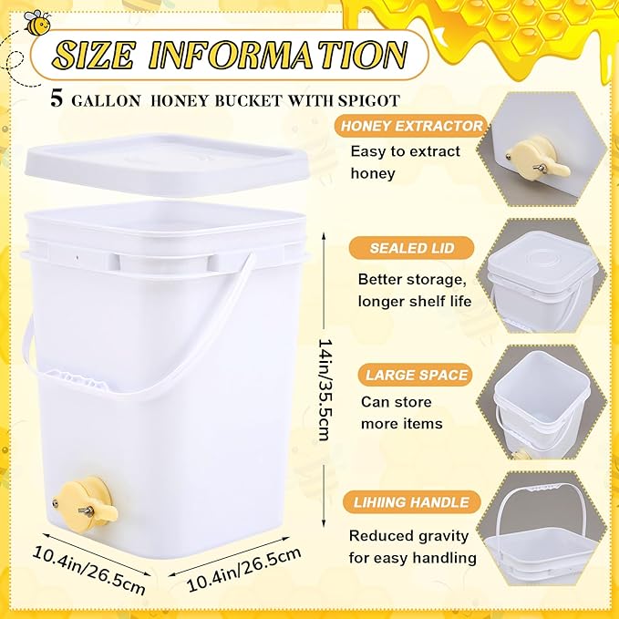 Threehoney 5 Gallon Honey Bucket with Spigot and Stainless Steel Filters Set Honey Extractor Equipment Food-Grade Bucket with Spigot for Bee Keeping Supplies Extracting Storage(White, 5 Gallon)
