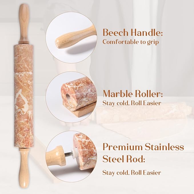 Koville Marble Rolling Pin, Non-Stick Polished Dough Roller, Pasta, Dumpling, Ravioli, Fondant,Pie Crust, Kitchen Baking Pastry Tools Red Marble