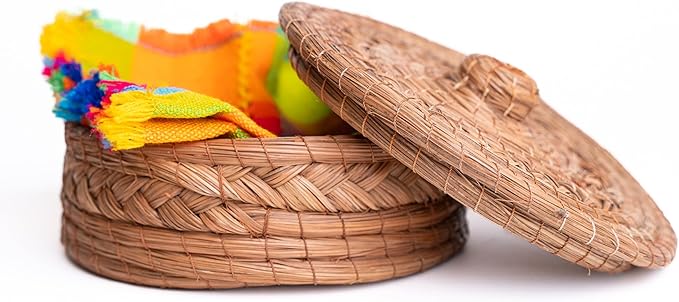 Authentic Mexican Tortilla Warmer Basket - Pine Needle Handwoven with Handloomed Cloth (Natural 9" w cloth)