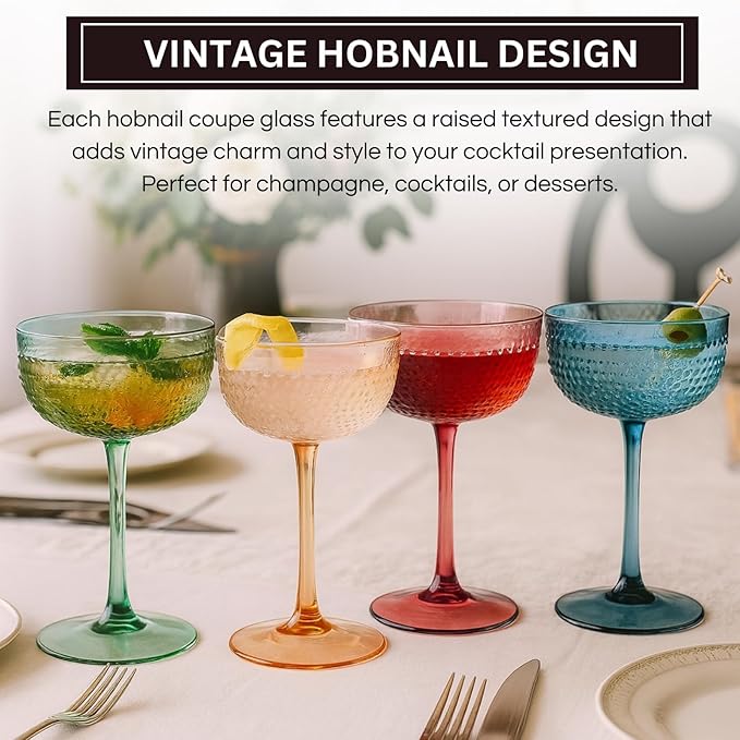 Khen Muted Hobnail Coupes Vintage Textured Pastel Style Cocktail Martini Champagne Saucer Retro Colored Glass Goblets |Set of 4 | 10.15oz Durable Glassware Decorative Barware Classic Party Drink