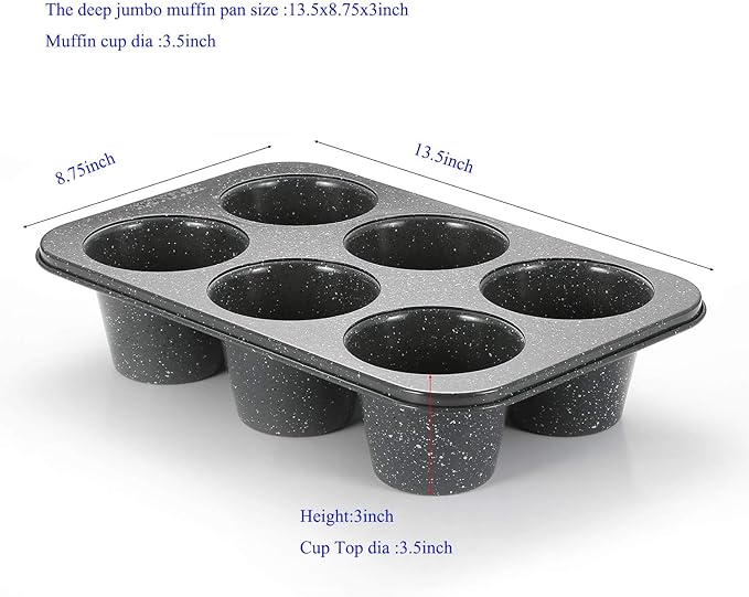 Monfish Jumbo Deep Muffin Pan 6 Cup Carbon Steel Gray Stone non Stick Coating Muffin Tin 3.5diax3inch cup