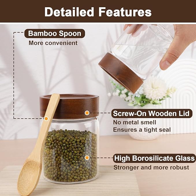 11oz Glass Jar with Airtight Lid, 4 Pack 320ml Glass Storage Jars with Wooden Lids, Wood Screw Top Kitchen Canister Clear Food Containers for Sugar, Coffee, Tea, Bean, Overnight Oats, Cookie