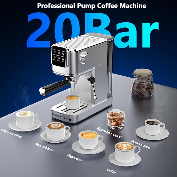 URintells Cuising Espresso Machine 20 Bar,Touch Screen Espresso Maker with Steam Milk Frother,Stainless Steel Coffee Machine for Cappuccino Latte Americano Cold Brew,1350W Fast Heat Up System,Silver