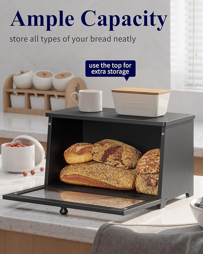 Kitsure Bread Box - Wooden Bread Box for Kitchen Countertop, Large Capacity Kitchen Countertop Organizer, Stylish Bread Storage with Window, Multi-functional Container, Black, 15.0"x8.3"x9.1" (1T)