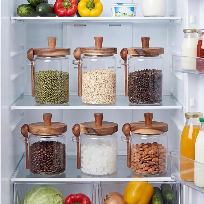 Remerry Set of 6 Glass Jar with Wooden Lid and Spoon, Clear Airtight Spice Canisters Glass Food Storage Kitchen Containers Set for Coffee Bean Tea Sugar (13.5 Oz,20 oz)