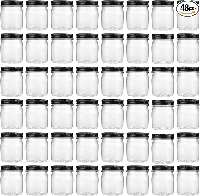 novelinks 8 oz Clear Plastic Jars with Airtight Lids, 48 Pack Plastic Mason Jars with Lids 8oz, Refillable Storage Slime Containers & Small Spice Jar for Kitchen Organization (48 Pack,Black)
