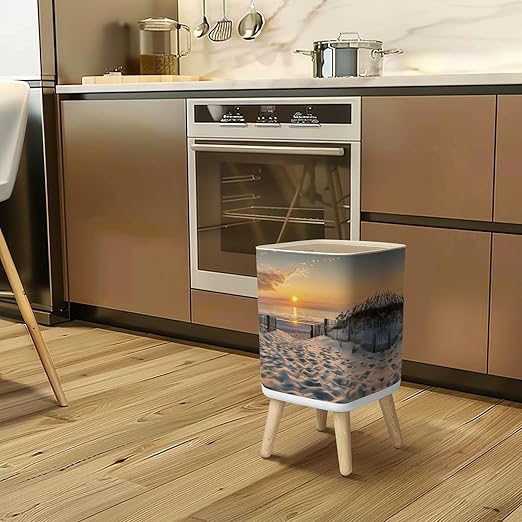 Small Trash Can with Lid Sunrise Beach Wastebasket with Press Cover Dog Proof Garbage Can Waste Bin for Kitchen Bathroom Nursery 2.6 Gallon