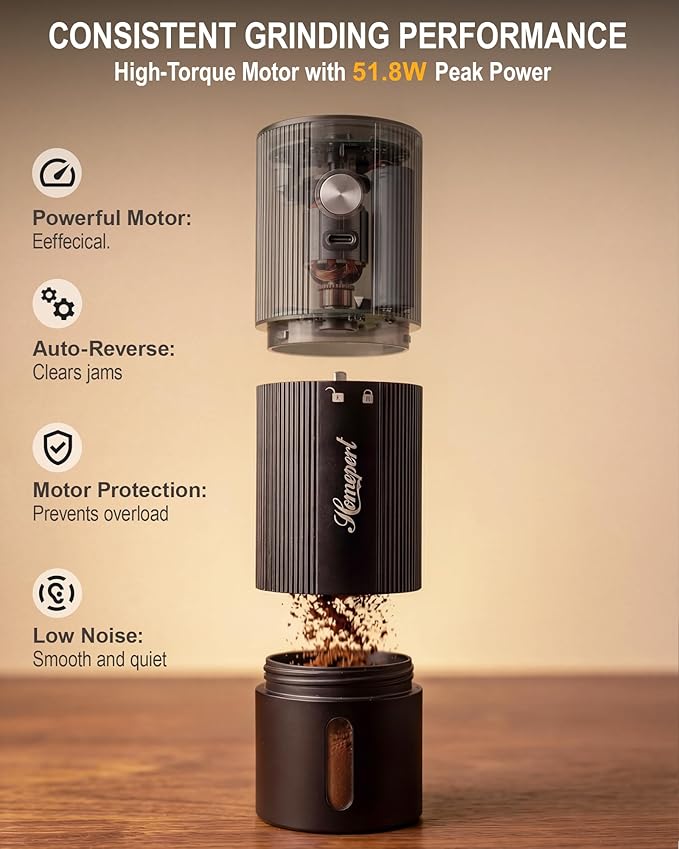 High-Speed Portable Electric Coffee Grinder with 1600mAh Rechargeable Battery, 7-Core Stainless Steel Burr Coffee Mill, 45 Precision Settings, Cordless Design & Compact Aluminum Body for Travel