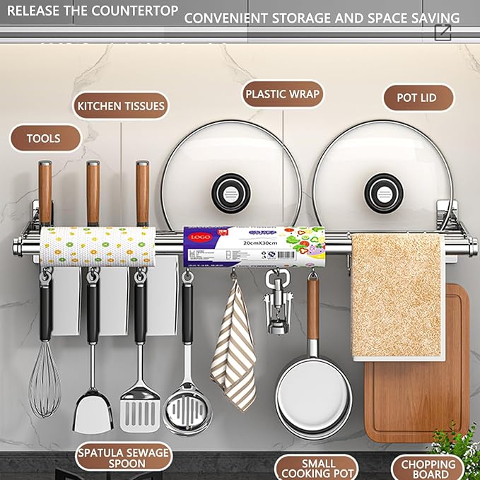 Hanging Wall Mount knife Wall Mount, Kitchen Organizer Storage Shelf for Utensils Spatula Spoon, Space-Saving Knife Rack with Hooks,Wall-Mounted Utensil Holder (Grey, 50CM+Three Poles+8Hooks)