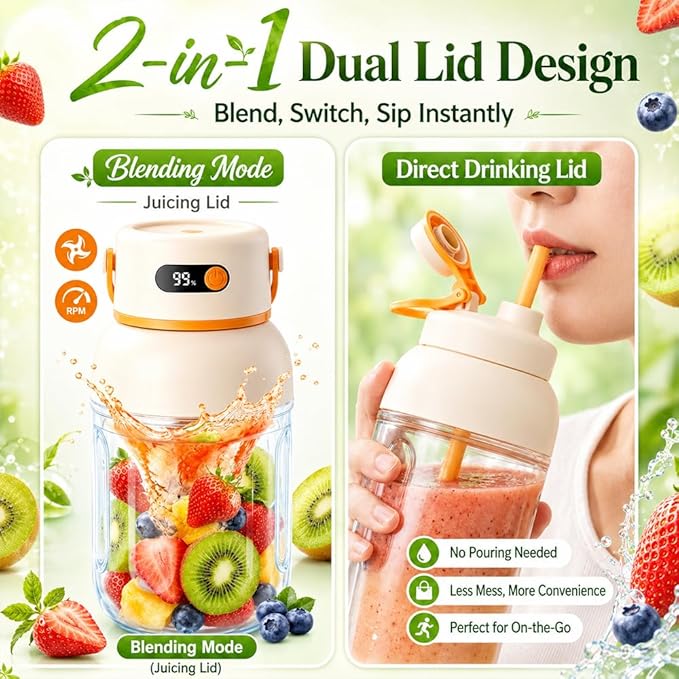 Portable Electric Juicer Cup with Zero Cord Hassle, 1200ml Multifunctional Wireless 2-In-1 Dual Lid Personal Blender Bottle with Straw 38-Blades USB Rechargeable for Gym Office Outdoor (800ml)