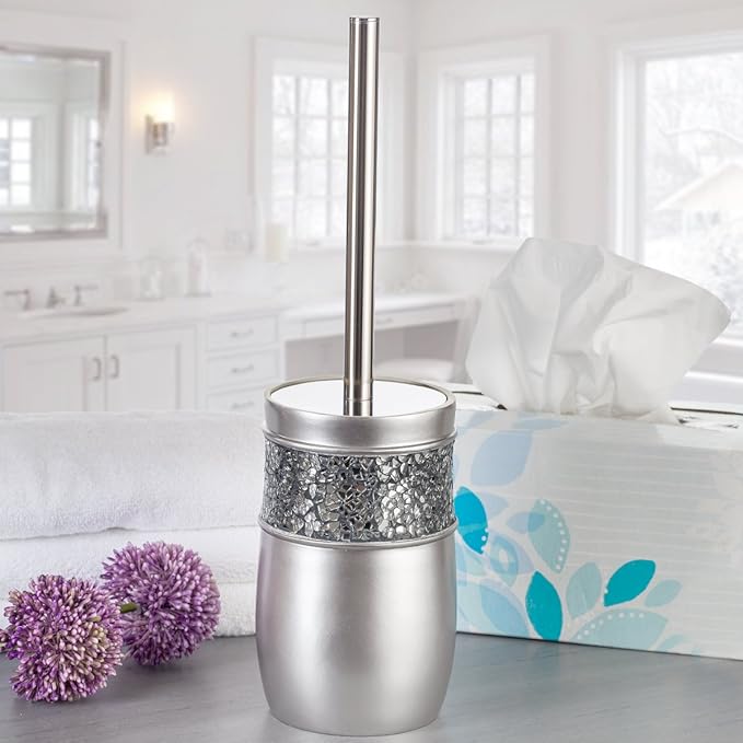 Creative Scents Crackled Glass Toilet Brush with Holder - Silver Toilet Bowl Cleaner Brush and Holder - Good Grip, Deep Cleaning, Decorative Design Compact Toilet Bowl Scrubber