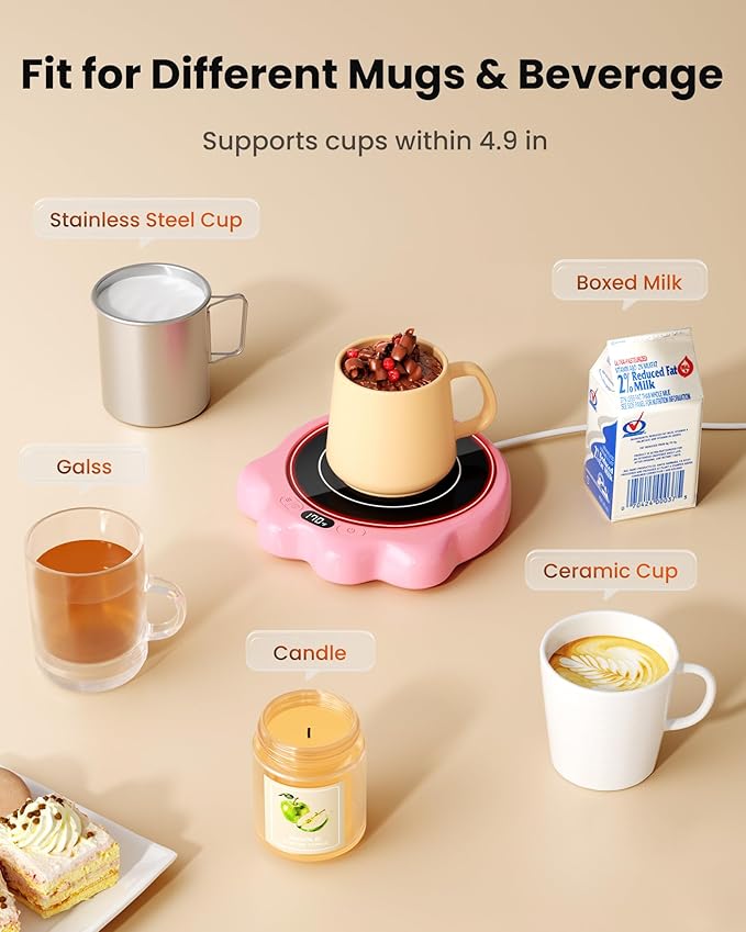 Gaiatop Mug Warmer, 50W Cute Cat Paw Cup Warmers, 3 Temp Settings, 2-10H Auto Shut Off, Coffee Accessories Keep Beverage Hot for Desk and Home, Heated Plate Stocking Stuffers for Tea Candle Pink