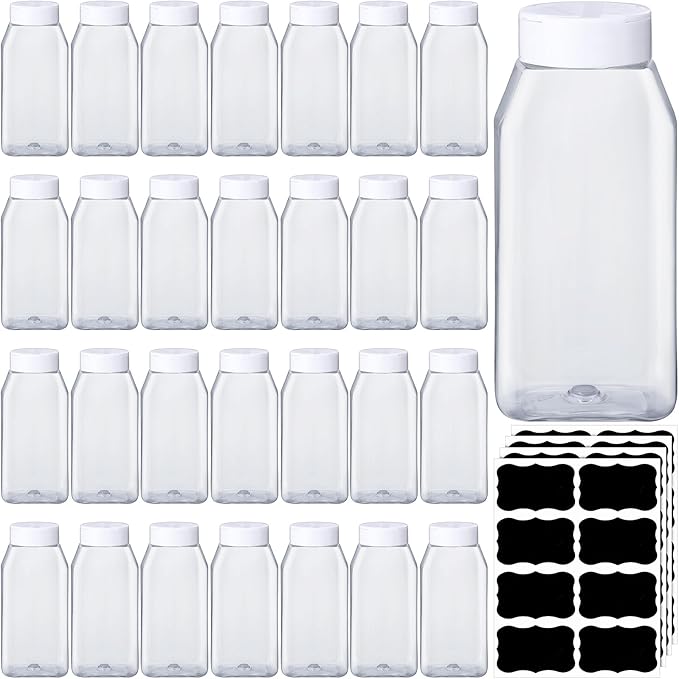 Mifoci 28 Pack 16 oz Plastic Spice Jars with Cap Square Plastic Bottle Containers with Shaker Lids and Stickers Large Seasoning Shaker Empty Powder Storage Container for Storing Salt Herbs (White)
