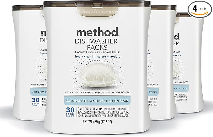 Method Dishwasher Detergent Packs, Fragrance Free + Clear, Dishwashing Rinse Aid to Lift Tough Grease and Stains, 30 Dishwasher Tabs per Package, (Pack of 4)