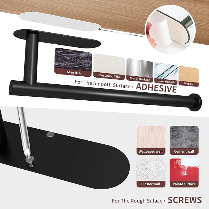 DEKAVA Under Cabinet Wall Mount Paper Towel Holder, Self-Adhesive Bar, Stainless Steel 13 inch (Black, 2)