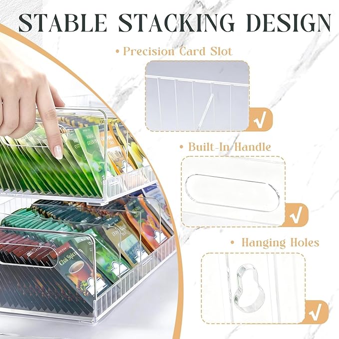 Acrylic Tea Bag Organizer with Adjustable Dividers, 2 Tier Tea Bag Holder Stackable & Wall Mount Storage Box, Custom Compartments Fit All Size Tea Bags for Drawer, Cabinet, Countertop Organization