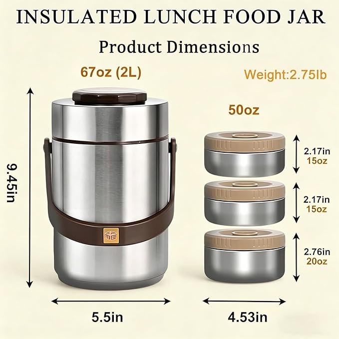 67oz Adults Stainless Steel Vacuum Insulated Thermal Lunch Box, 3 Tier Stackable Sealed Leak-Proof Wide Mouth Portable Bento Food Container, Hot Food Thermo Jar for Soup Office & Outdoor (Silver)