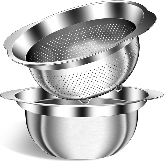 3.5QT Colander with Bowl, Rice Strainer, Stainless Steel Mixing Bowls with Strainer, Pasta Strainer, Colander for Kitchen for Rice Pasta Fruits Vegetables, Rice Cleaner Strainer, Dishwasher Safe