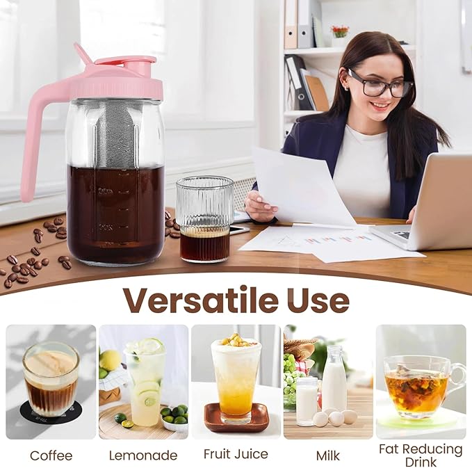 Cold Brew Coffee Maker,32 oz Mason Jar Pitcher with Stainless Steel Filter, Pour Spout Handle Lid, Heavy Duty Glass Airtight & Leak-Proof for Iced Coffee Tea Breastmilk Lemonade-Pink